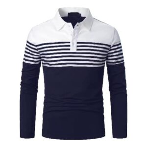 Men’s Classic Striped Golf Long Sleeve Polo Shirt – Blue & White - XL