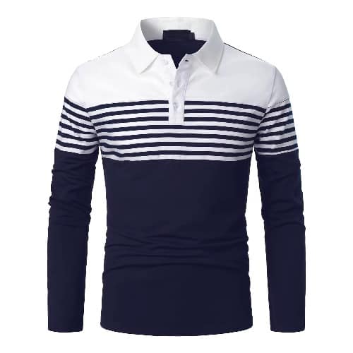 Men’s Classic Striped Golf Long Sleeve Polo Shirt – Blue & White - XL