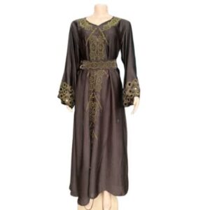 Women’s Embroidered Abaya Gown – Dark Brown With Gold Detail