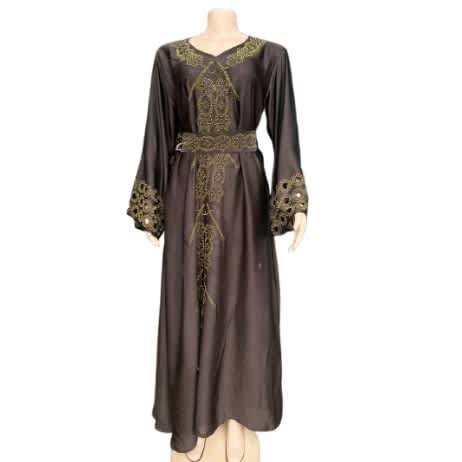 Women’s Embroidered Abaya Gown – Dark Brown With Gold Detail