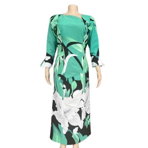 Women’s Floral Print Midi Gown – Green With Black & White Floral Print